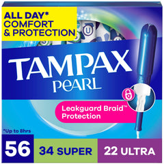 Tampax paquete frontal mostrando 56 unidades y descripción clara de beneficio