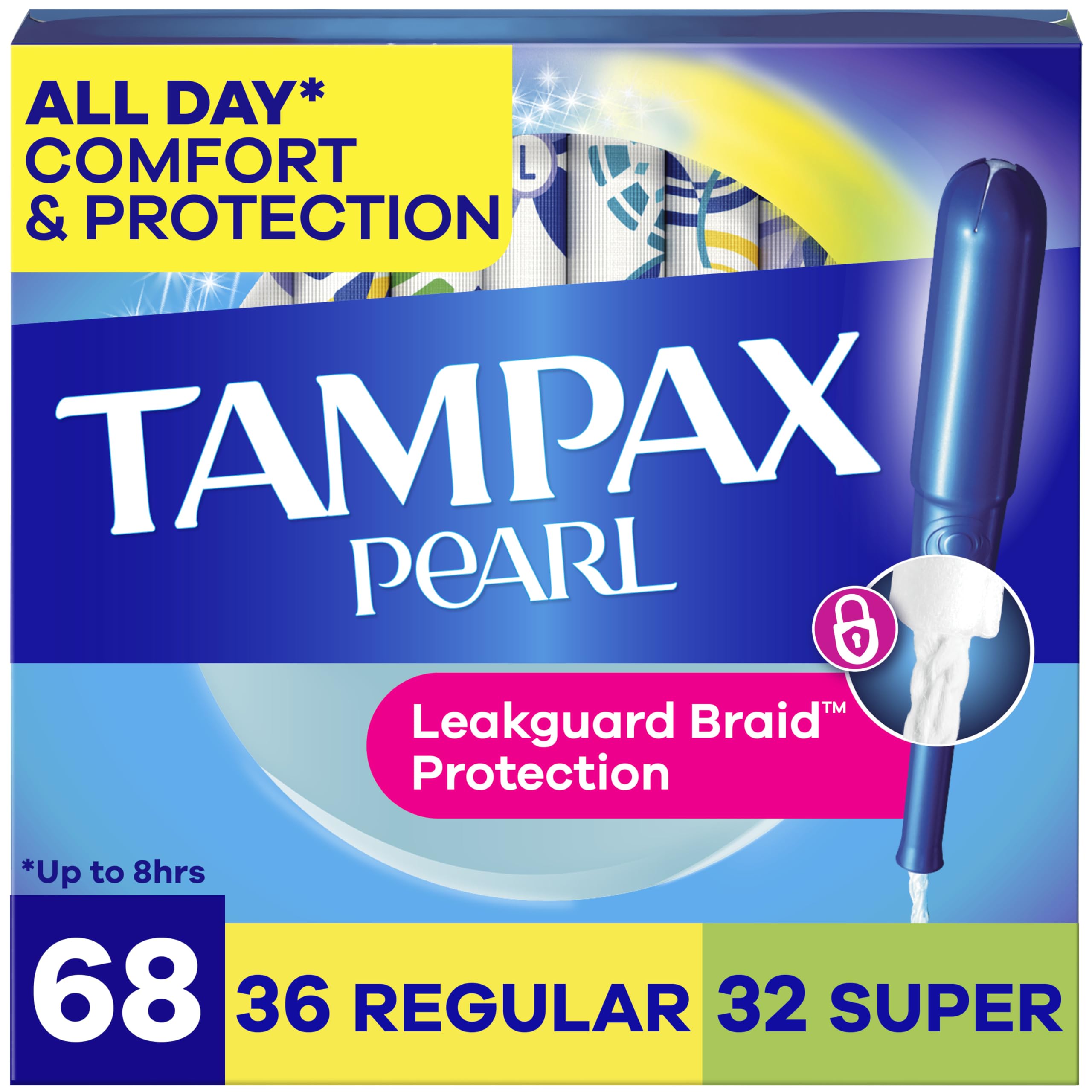 Tampax Pearl frontal del pack mostrando cantidad y beneficios