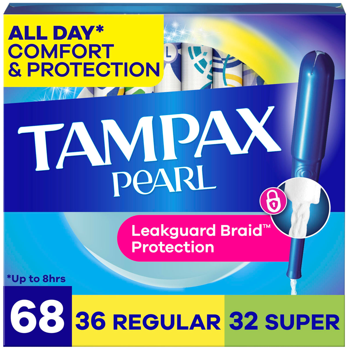 Tampax Pearl frontal del pack mostrando cantidad y beneficios