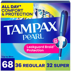 Tampax Pearl frontal del pack mostrando cantidad y beneficios