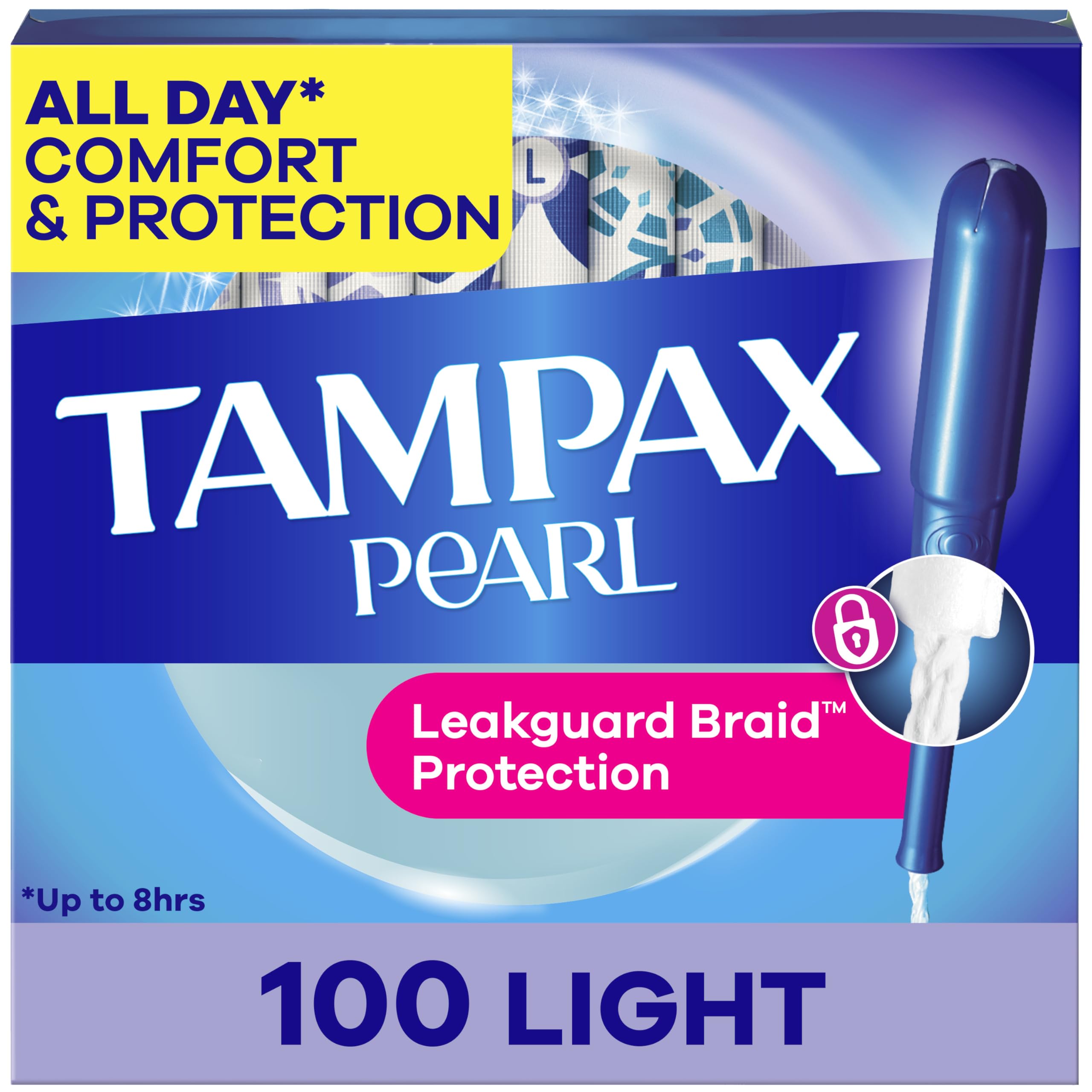 Tampax paquete frontal mostrando 100 tampones y marca Tampax, comodidad confiable