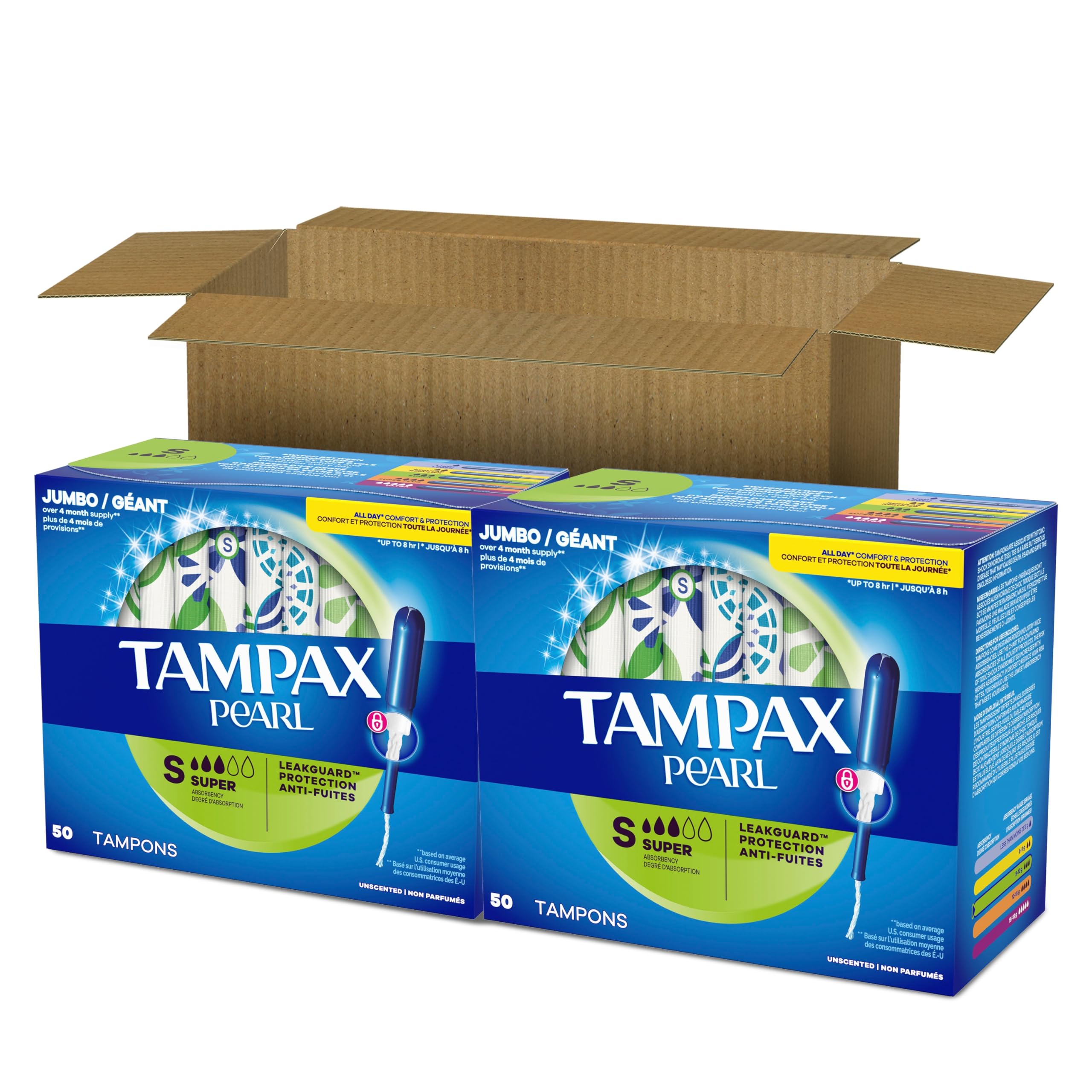 Tampax dos paquetes 50 unidos mostrando ahorro y suministro