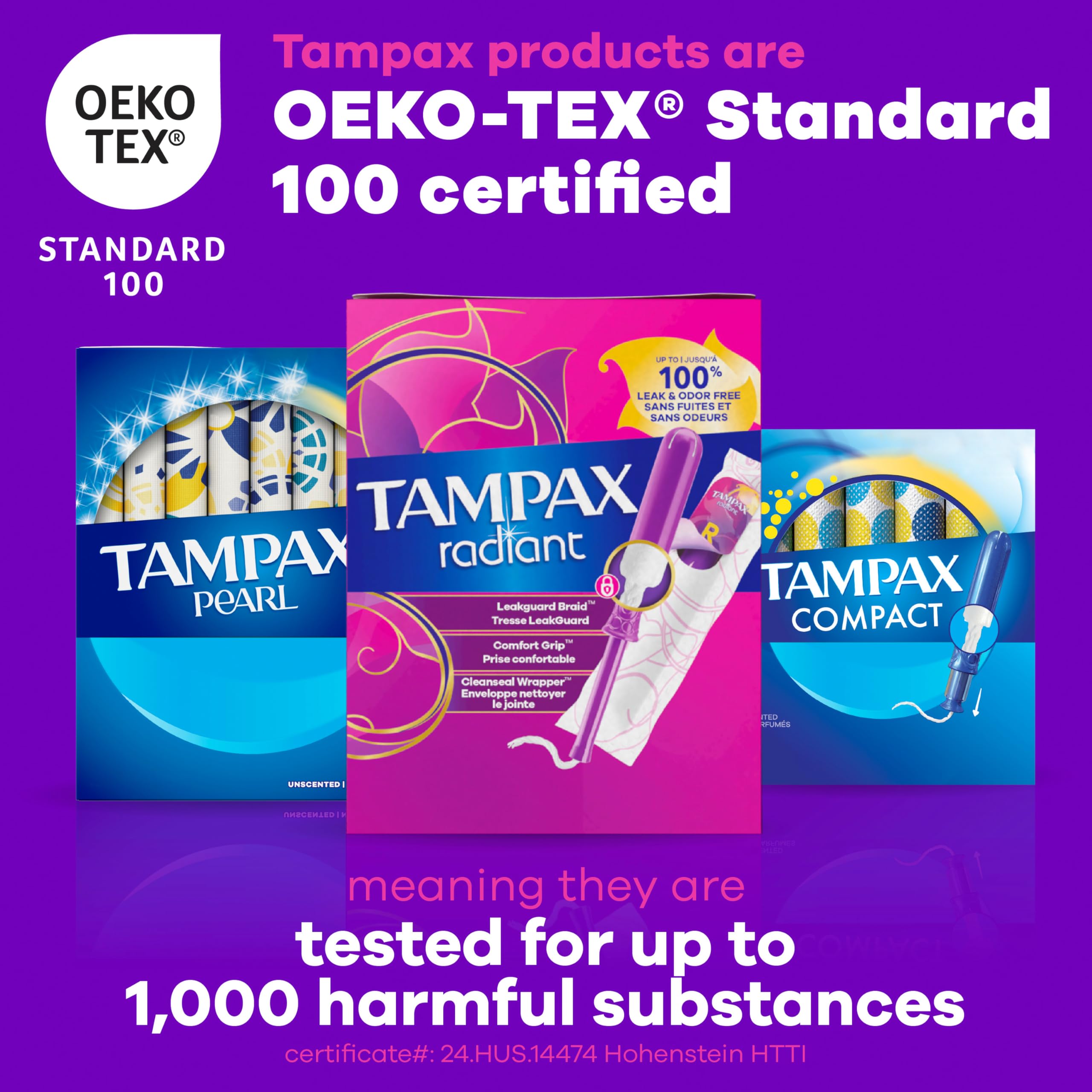 Tampax Radiant etiqueta con certificación OEKO-TEX y seguridad