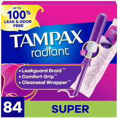 Tampax Radiant paquete frontal mostrando cantidad 84 y beneficio protección