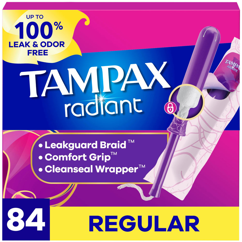 Tampax Radiant vista frontal del empaque mostrando cantidad y beneficio de protección