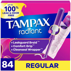 Tampax Radiant vista frontal del empaque mostrando cantidad y beneficio de protección