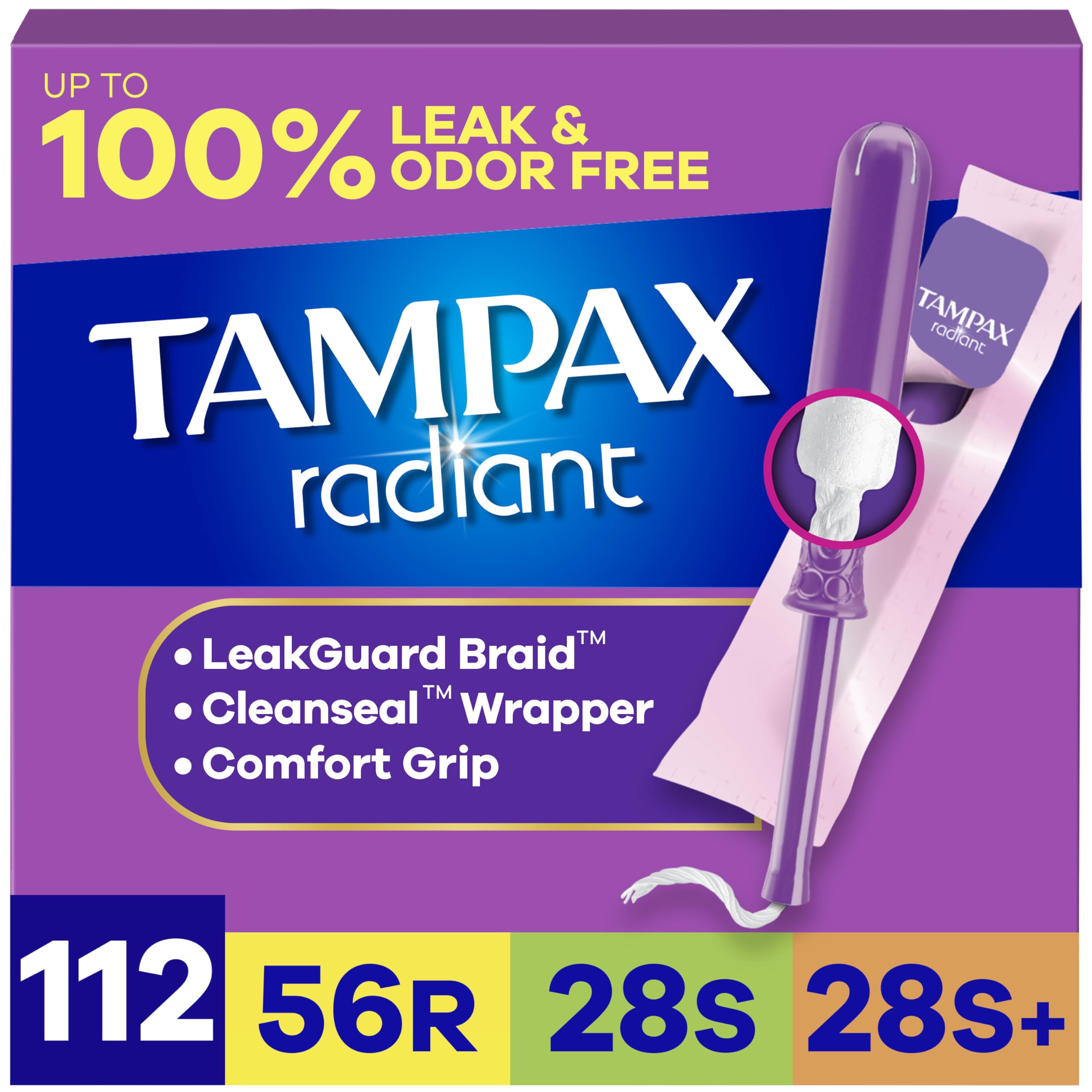Tampax Radiant frontal del paquete mostrando cantidad y beneficios