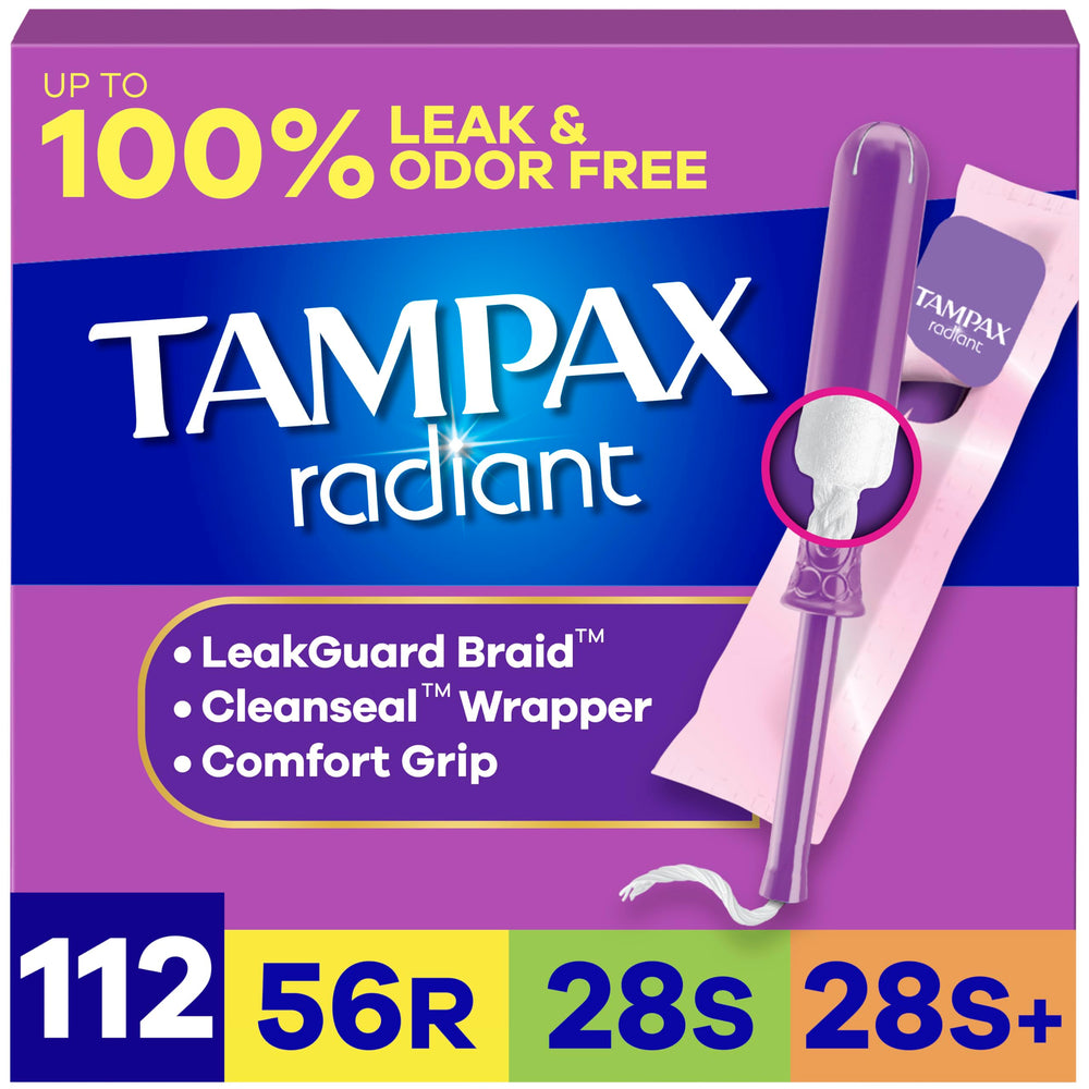 Tampax Radiant frontal del paquete mostrando cantidad y beneficios