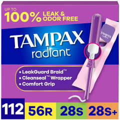Tampax Radiant frontal del paquete mostrando cantidad y beneficios