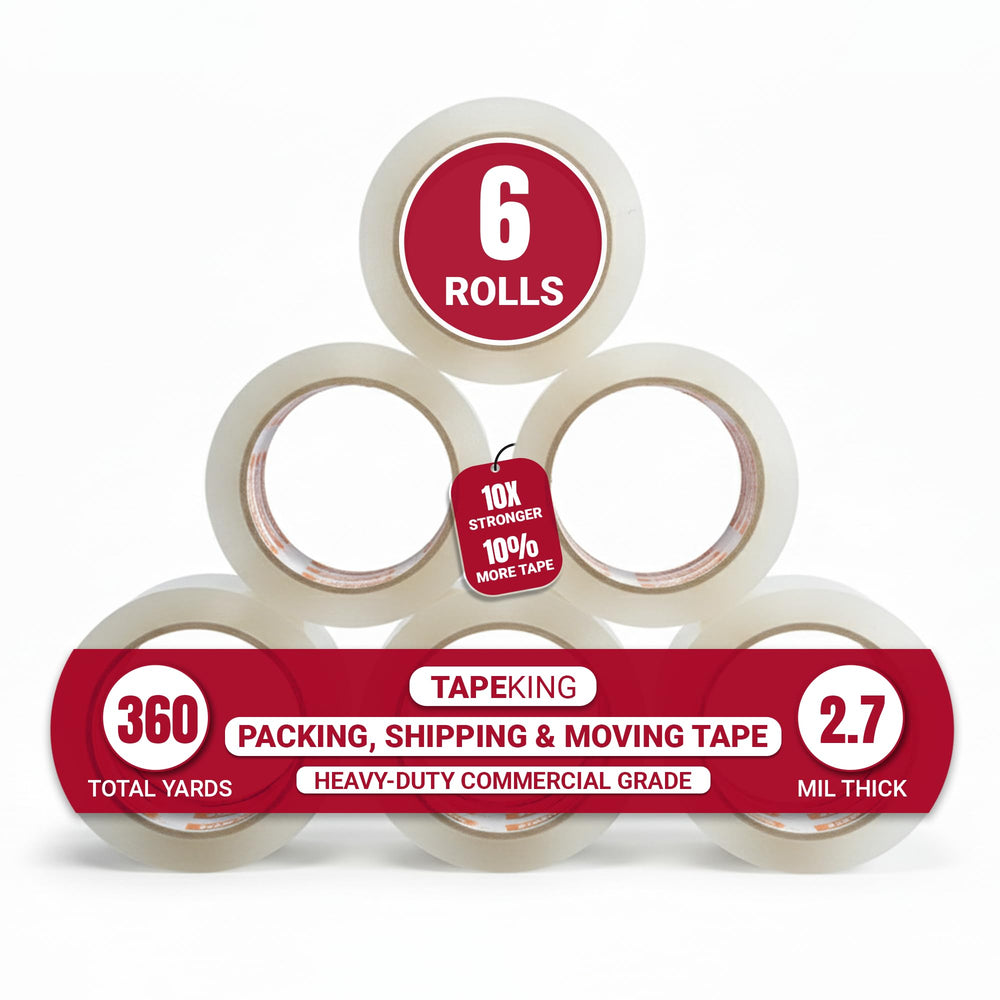 Tape King vista frontal del paquete mostrando seis rollos y longitud