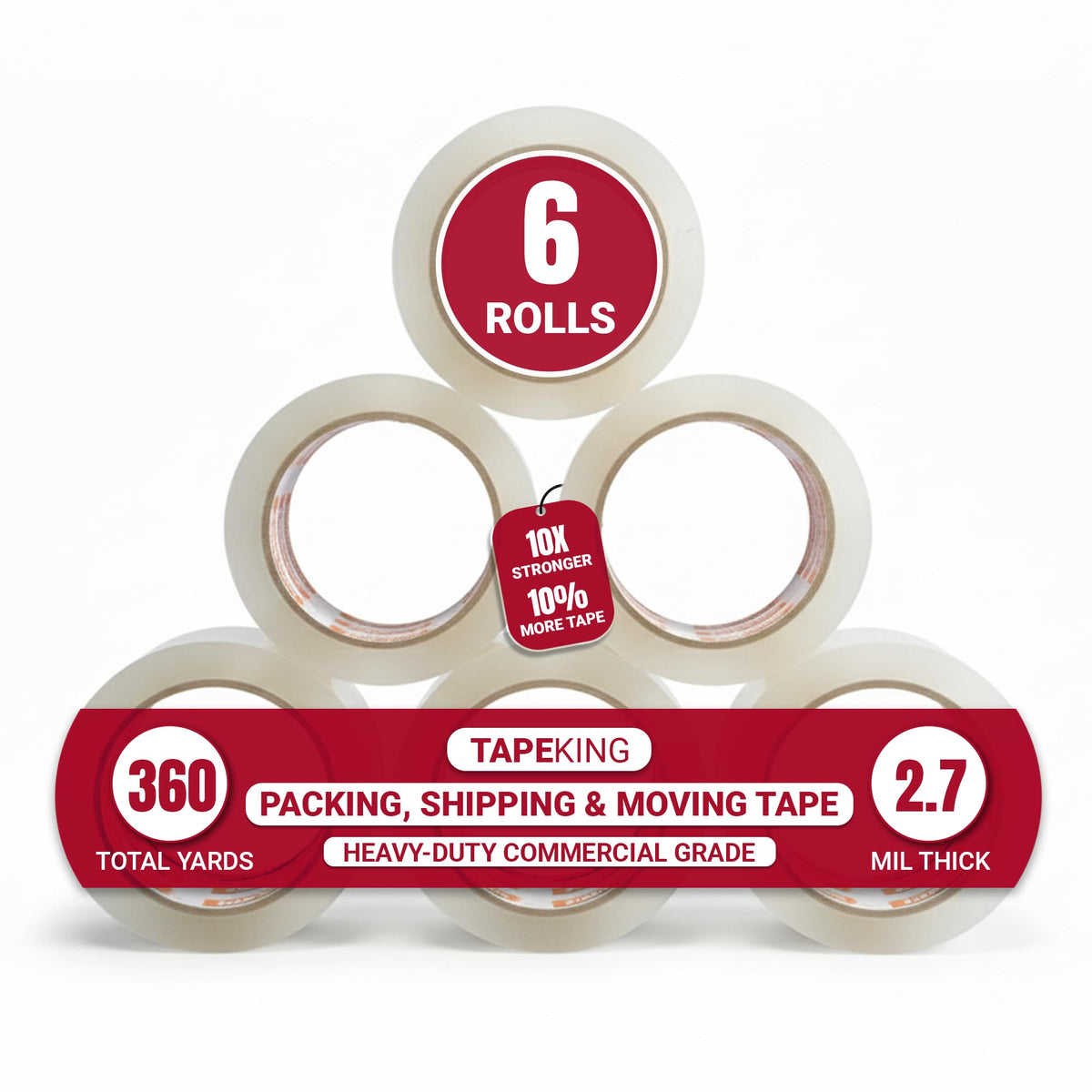 Tape King vista frontal del paquete mostrando seis rollos y longitud
