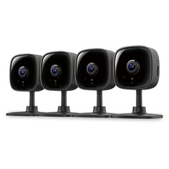 Tapo C101 frontal paquete de 4 mostrando cámaras y caja, vigilancia eficiente