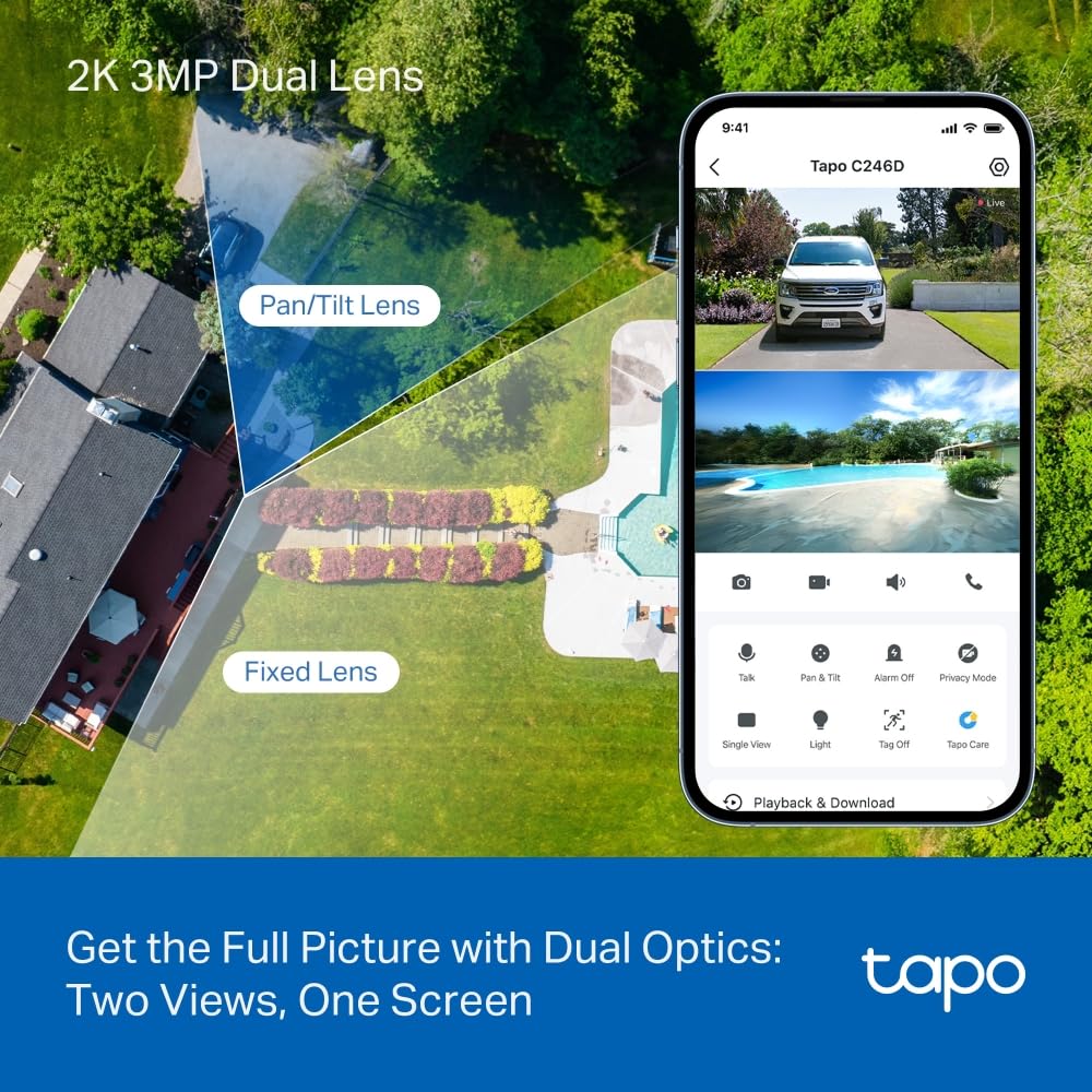 Tapo C246D lente fija gran angular capturando escena amplia y continua