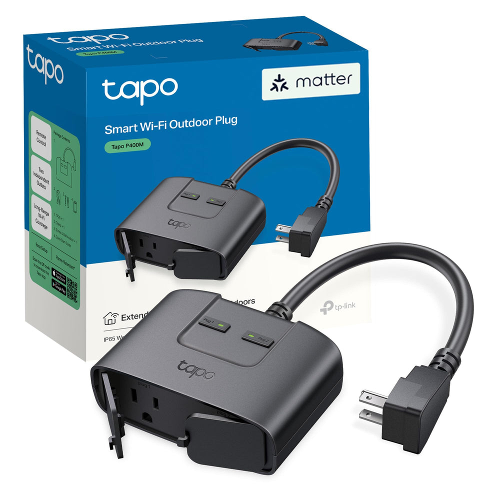 Tapo P400M frontal mostrando dos tomas, control individual y diseño robusto