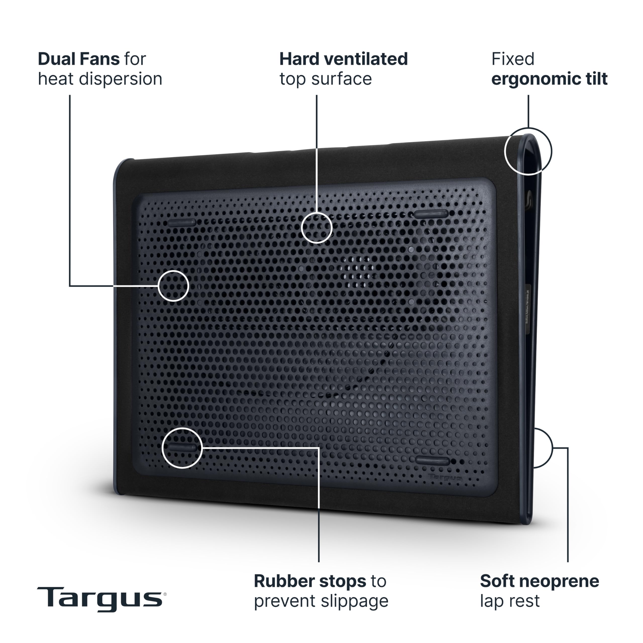 Targus doble ventilador mostrando el flujo de aire y disipación del calor