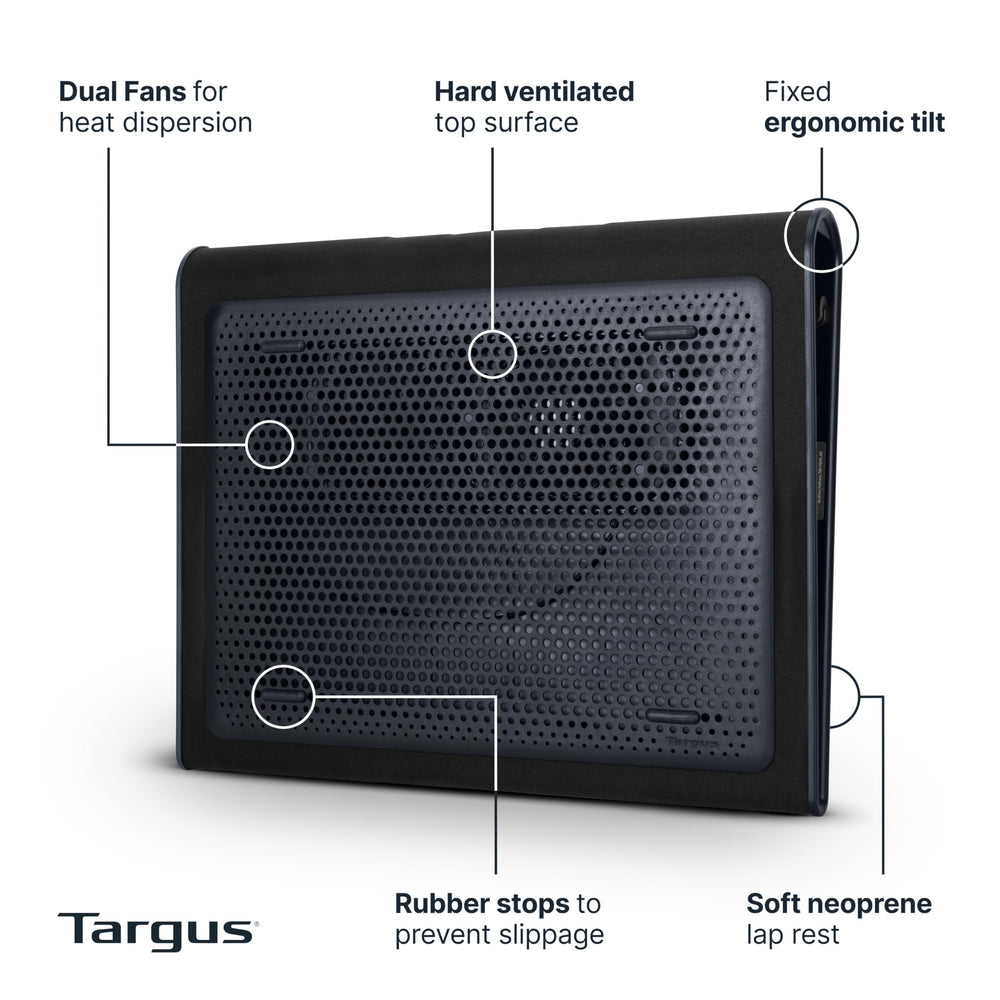Targus doble ventilador mostrando el flujo de aire y disipación del calor