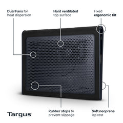 Targus doble ventilador mostrando el flujo de aire y disipación del calor