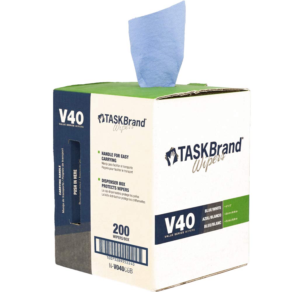 TaskBrand caja dispensadora frontal mostrando apertura para extracción rápida