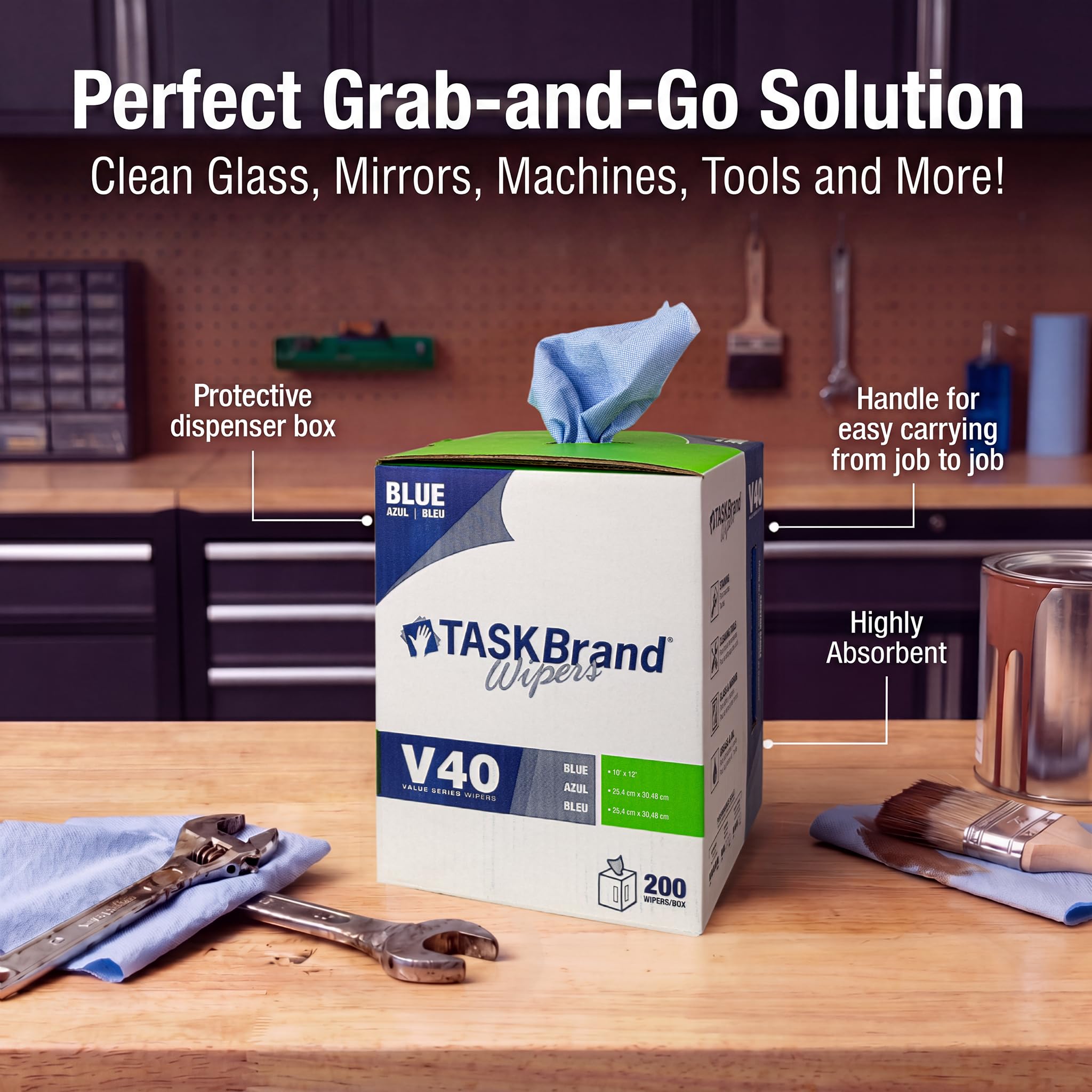 TaskBrand toalla junto a regla mostrando tamaño 10 x 11.5 pulgadas