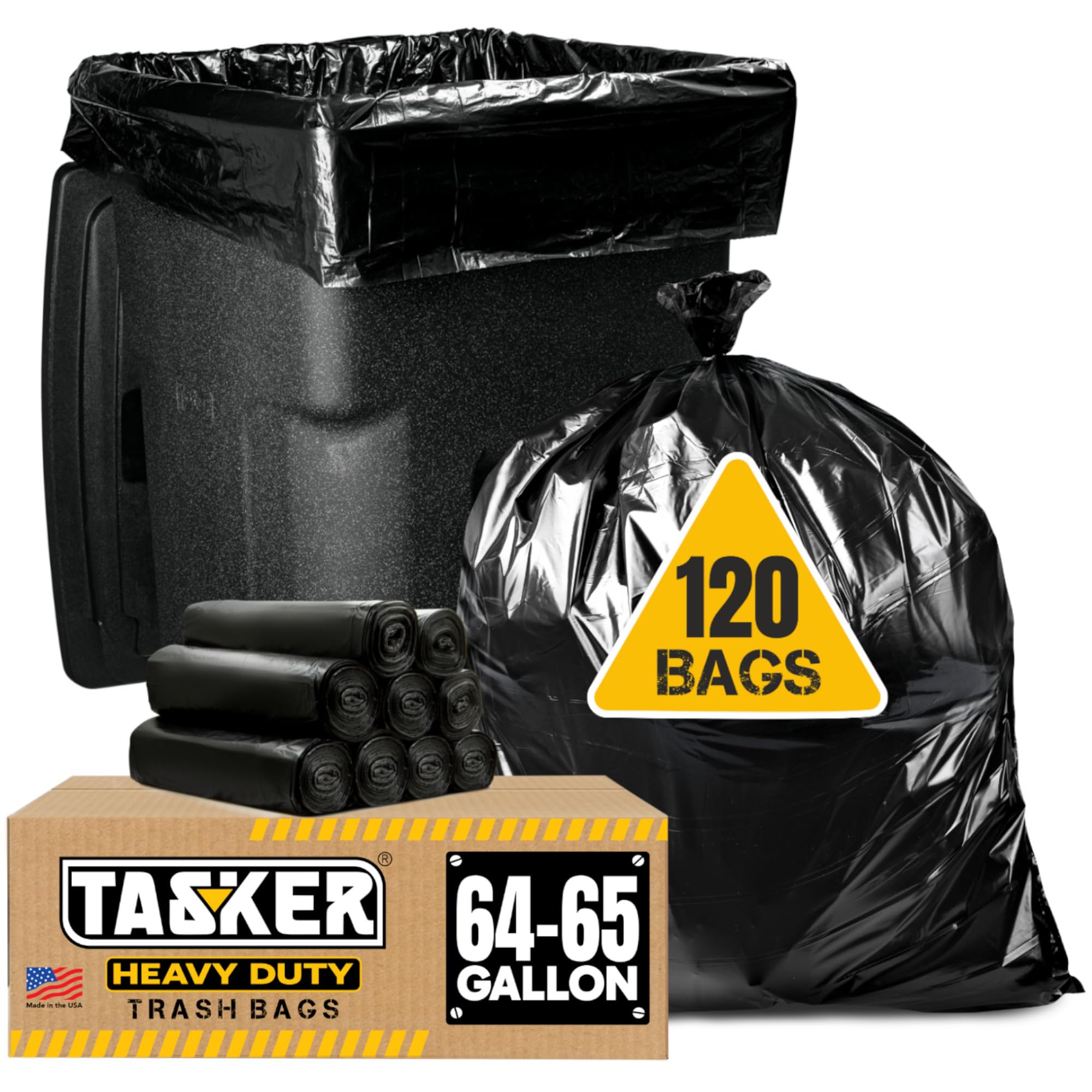 Tasker front packaging showing 65 gallon 120-count and sturdy construction benefits