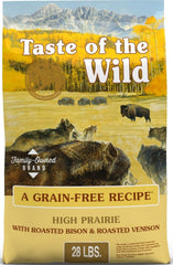 Taste of the Wild frente del empaque mostrando 28 lb y beneficio de gran presentación