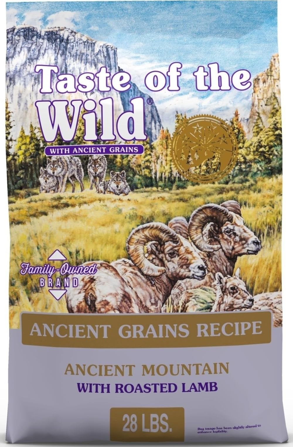 Taste of the Wild paquete frontal mostrando fórmula Ancient Mountain y beneficio nutricional