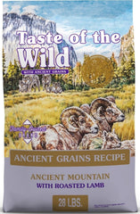 Taste of the Wild paquete frontal mostrando fórmula Ancient Mountain y beneficio nutricional