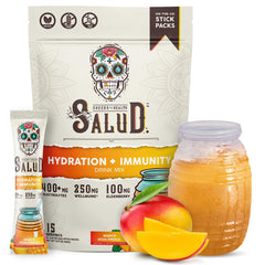 Taste Salud empaque frontal mango, muestra práctico y portable