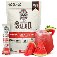 Taste Salud frente del empaque Watermelon Margarita mostrando sobres listos para llevar y conveniencia