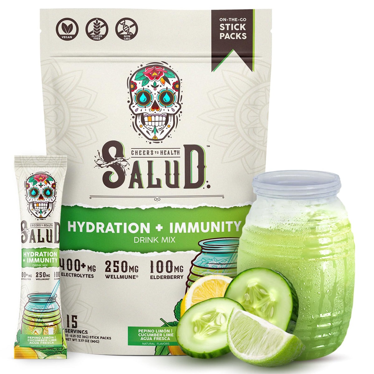 Taste Salud frente del paquete sabor pepino lima mostrando diseño y beneficios