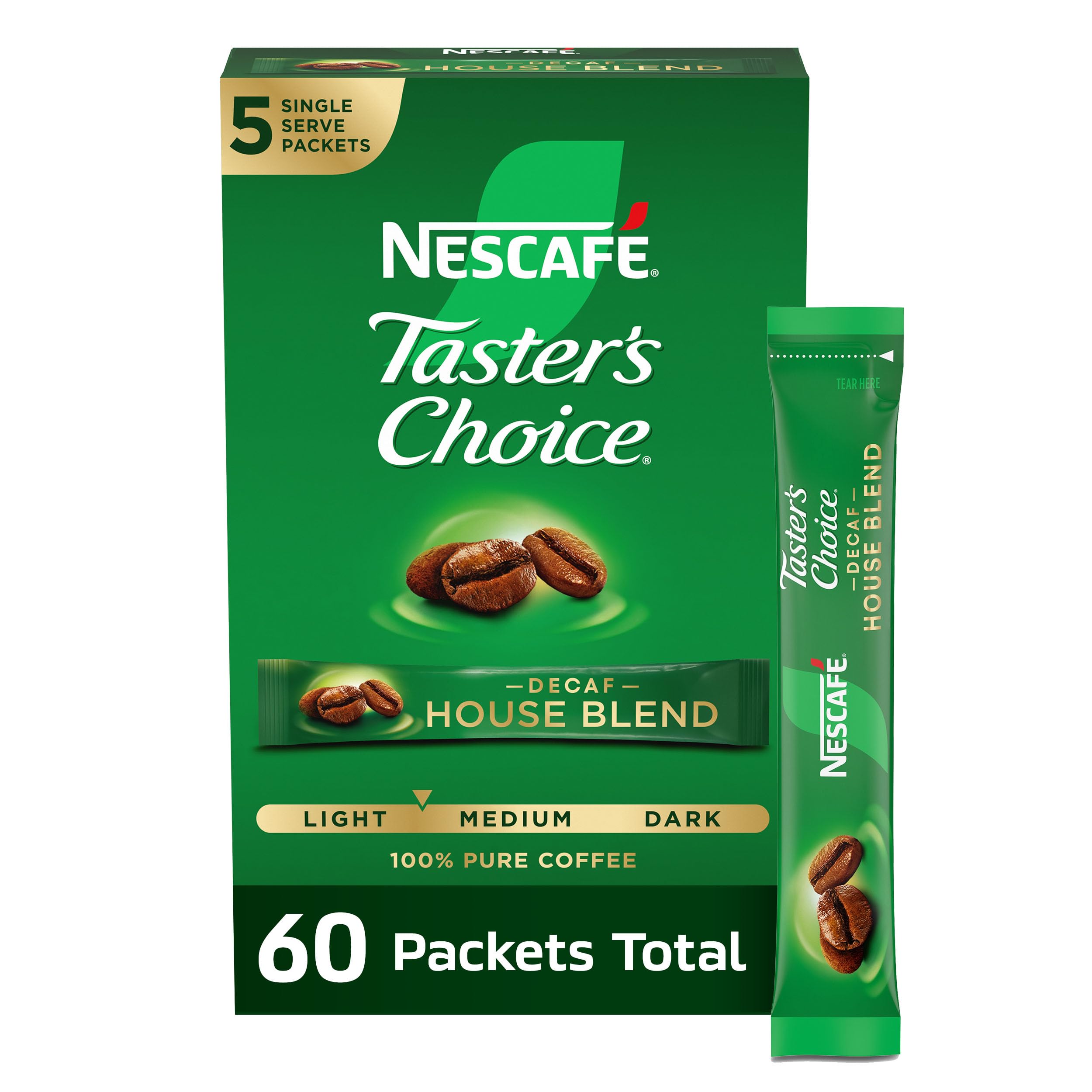 Taster's Choice frente del empaque mostrando 60 sobres y conveniencia
