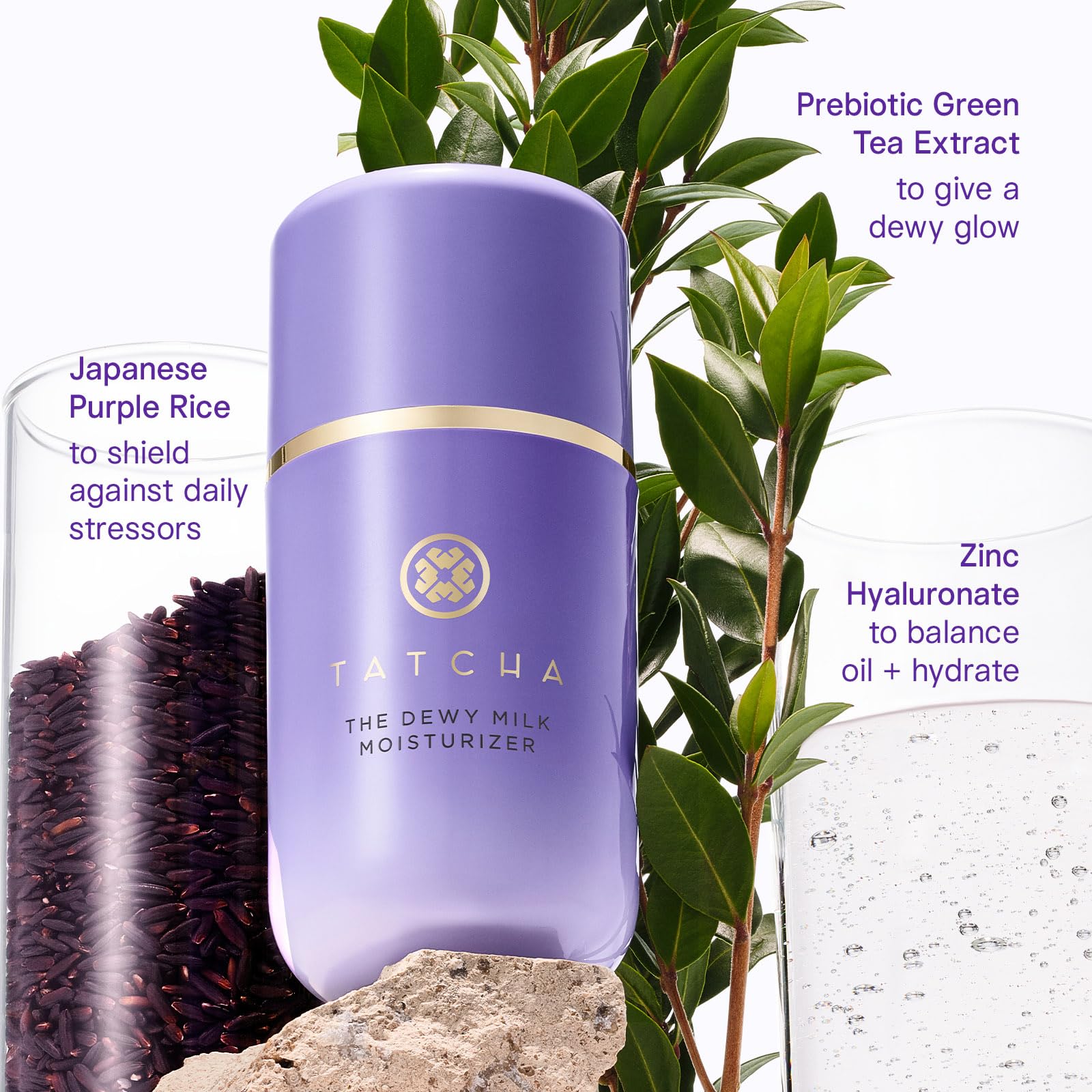 TATCHA etiqueta con ingredientes principales como hyaluronato y zinc
