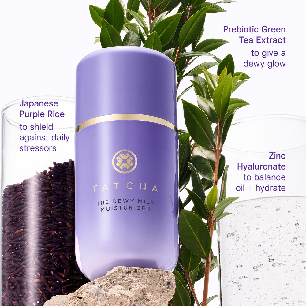 TATCHA etiqueta con ingredientes principales como hyaluronato y zinc