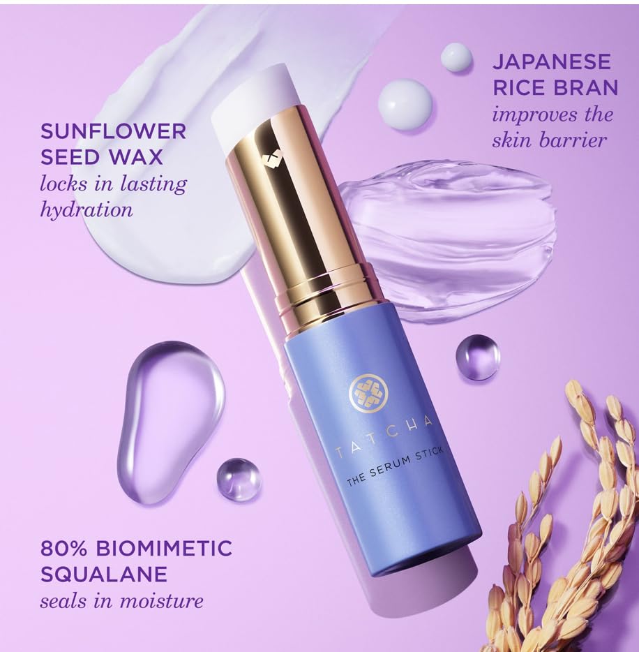 TATCHA The Serum Stick etiqueta con ingredientes clave y beneficios visibles