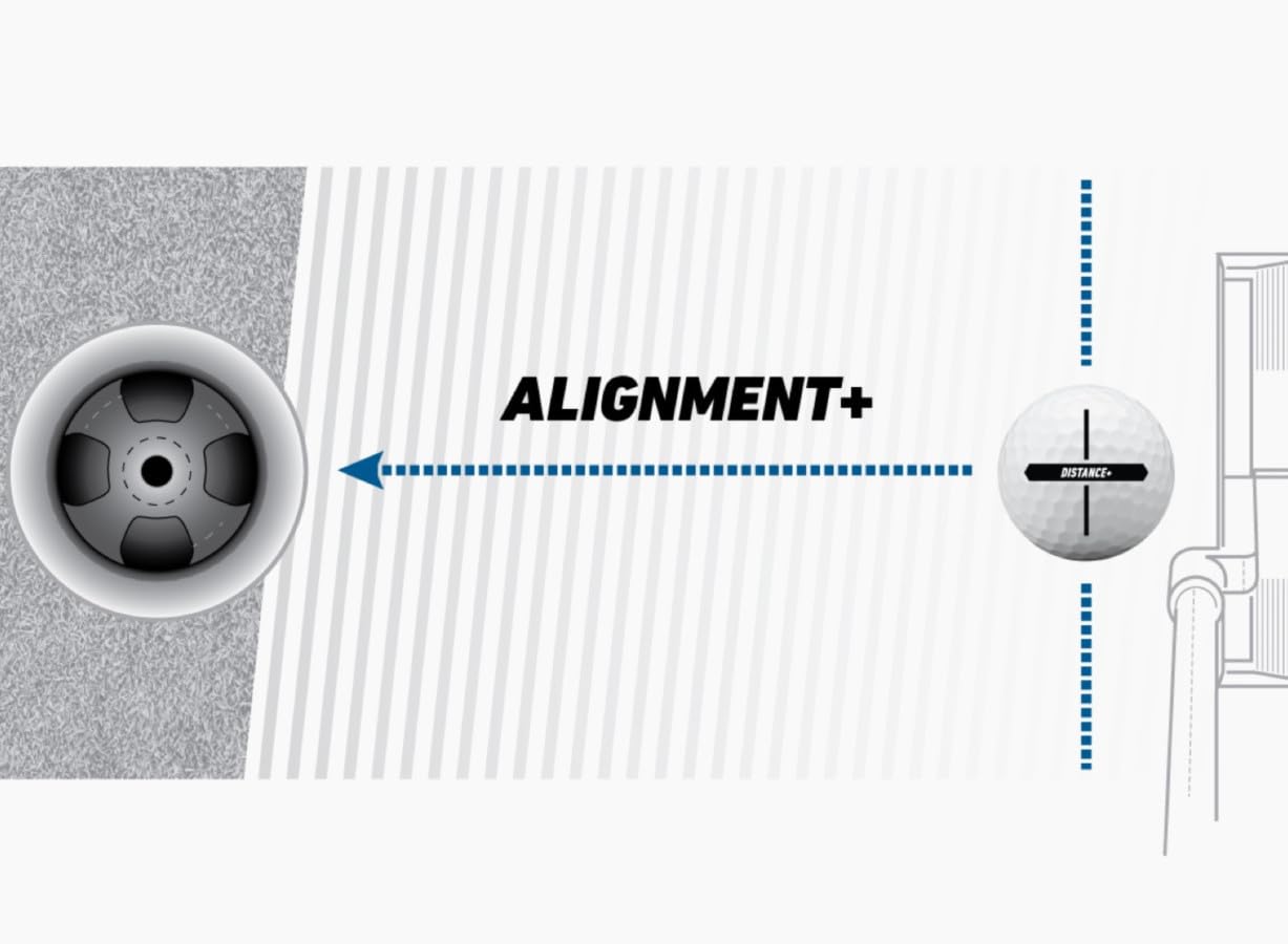TaylorMade Distance+ ball on tee in sunlight showing alignment aid for accurate aim