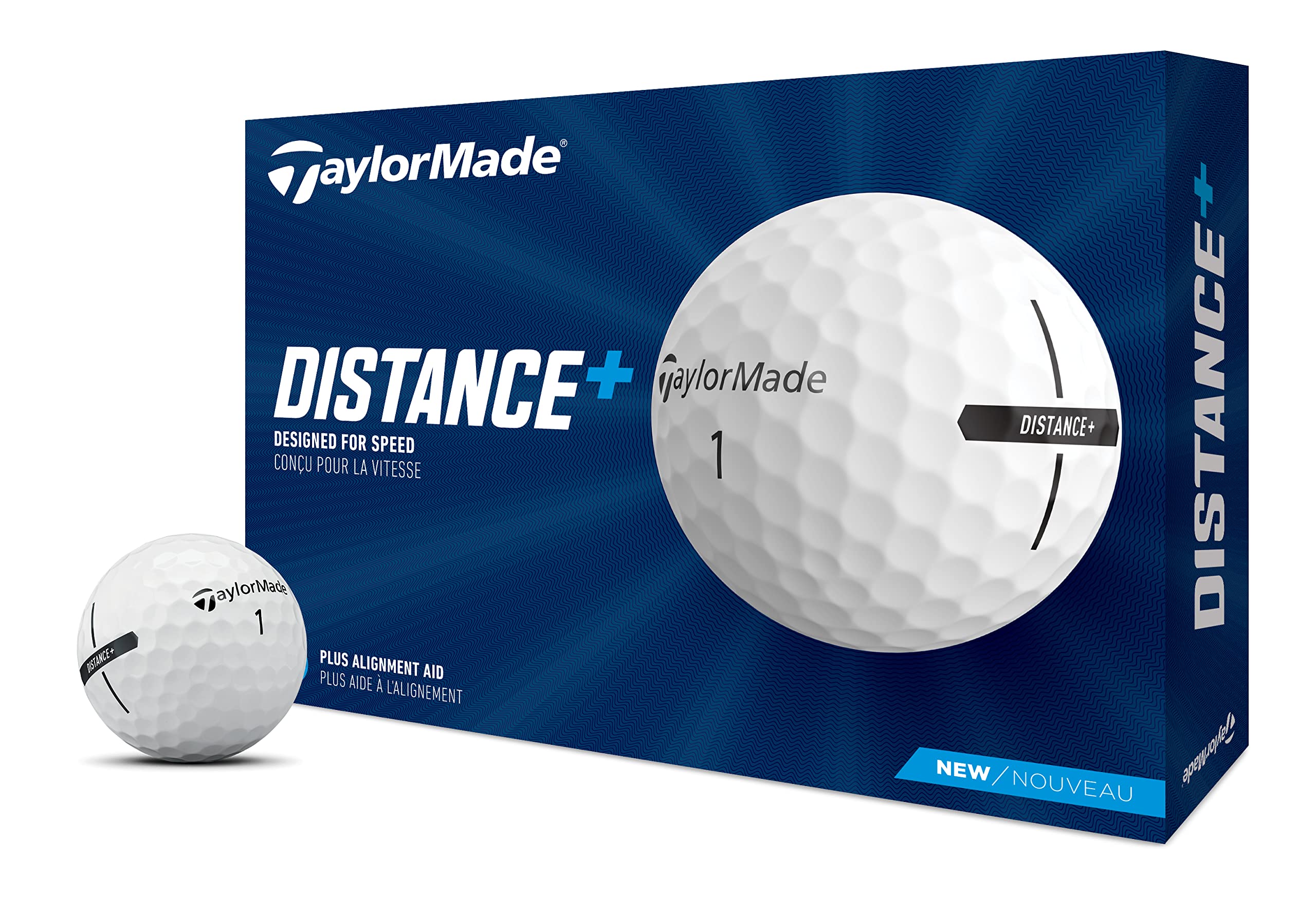 TaylorMade Distance+ front packaging showing 12-count and benefits for longer distance