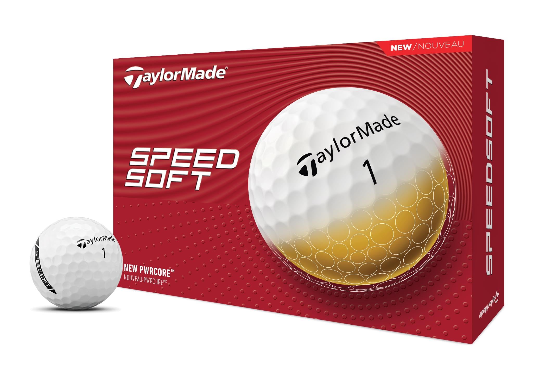 TaylorMade SPEEDSOFT front packaging showing one dozen bright yellow balls for clear visibility
