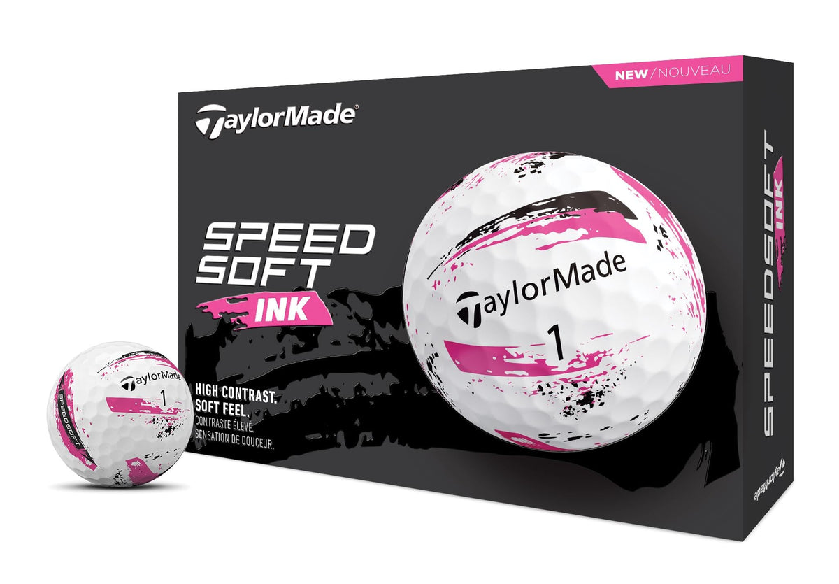 TaylorMade SpeedSoft Ink front packaging showing dozen balls and benefit of easy storage
