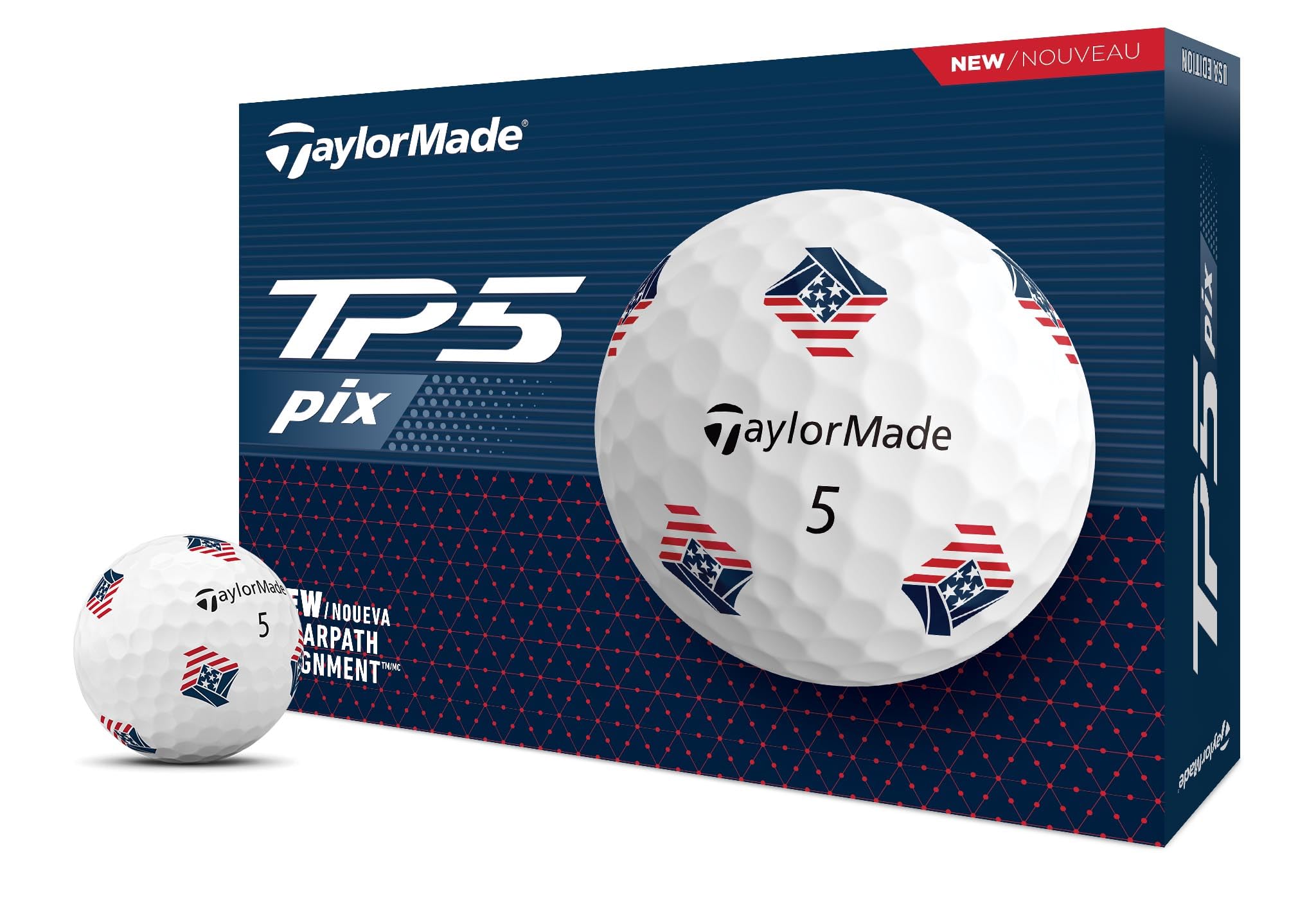 TaylorMade TP5 PIX 3.0 frontal del paquete mostrando la docena y diseño USA para estilo y rendimiento