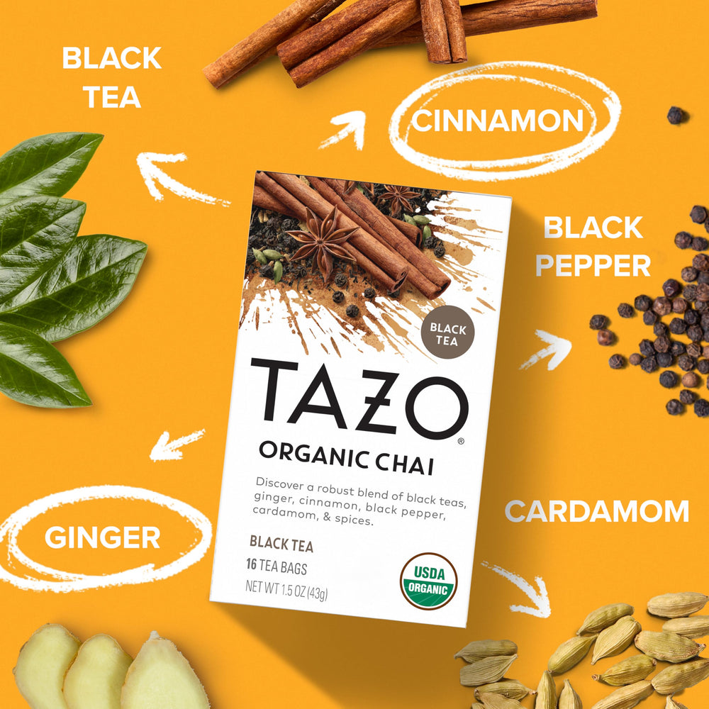 TAZO mezcla de hojas y especias en plato que muestra calidad y aroma