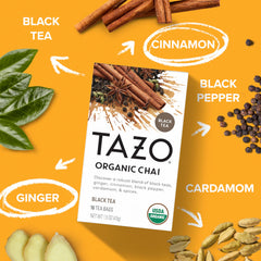 TAZO mezcla de hojas y especias en plato que muestra calidad y aroma