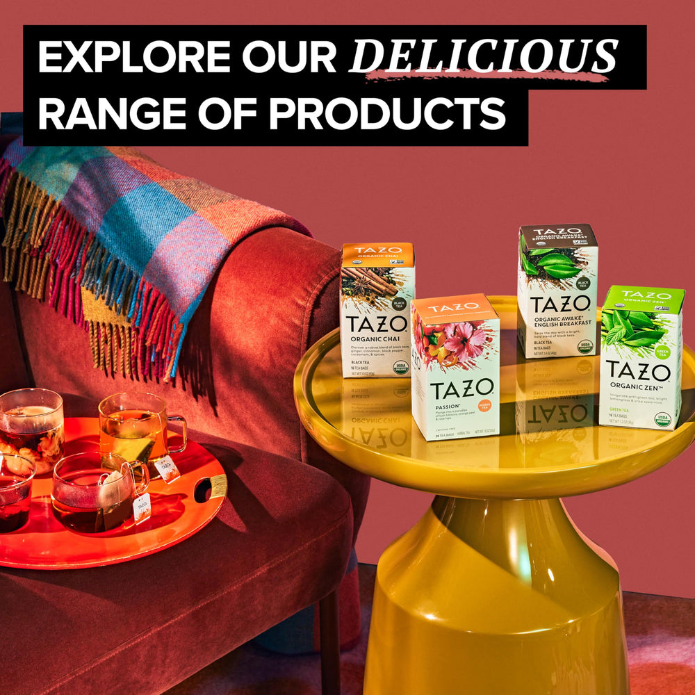 TAZO etiqueta con certificaciones Organic y Rainforest Alliance visibles