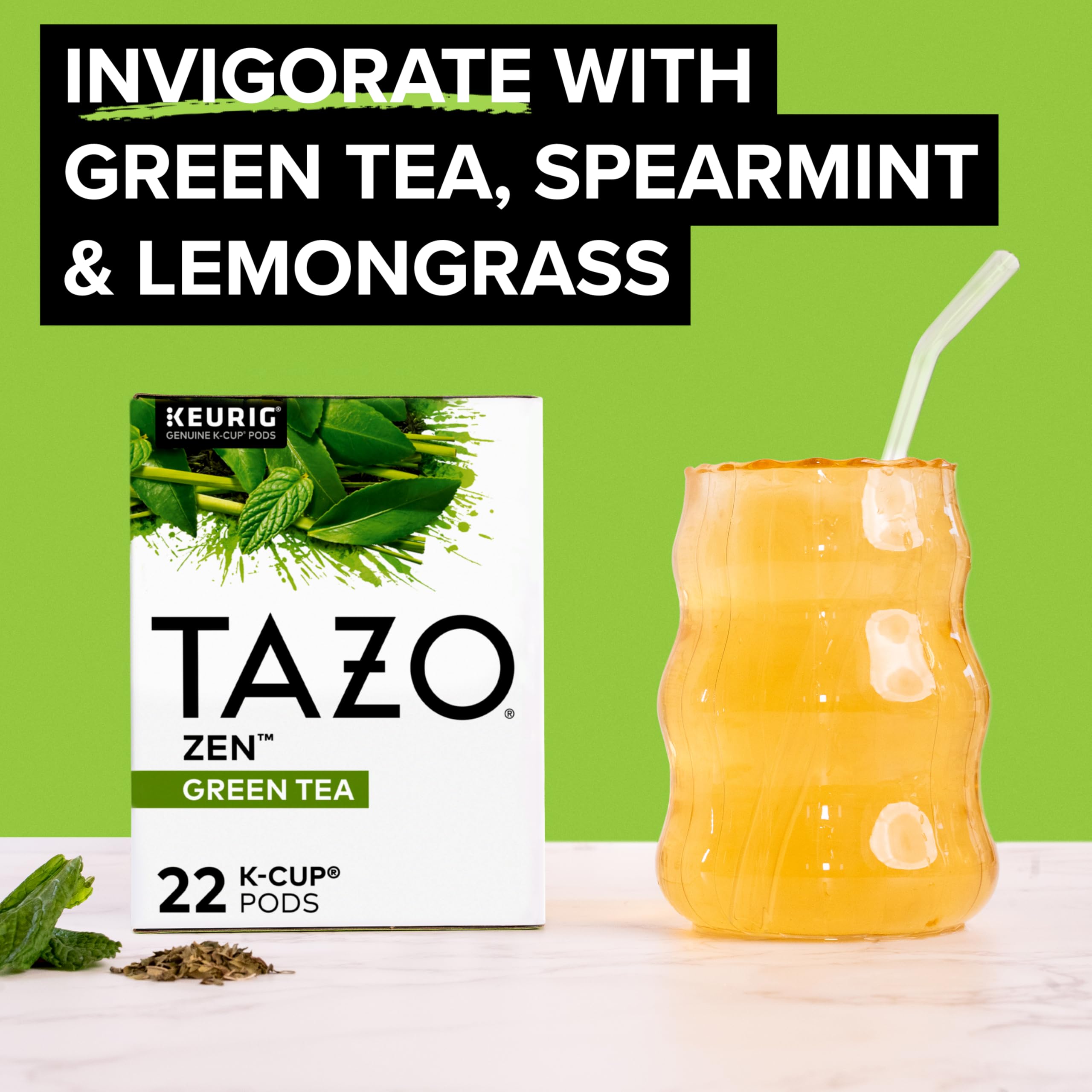 TAZO hojas de té verde y lemongrass mostrando ingredientes naturales