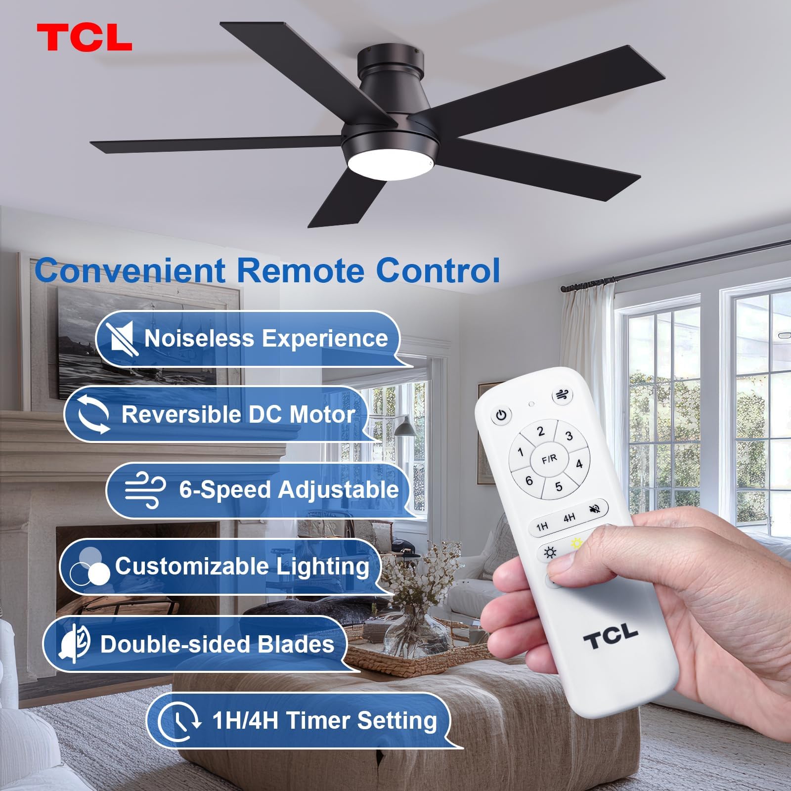 TCL detalle de aspas reversibles negro y nogal, versatilidad estética