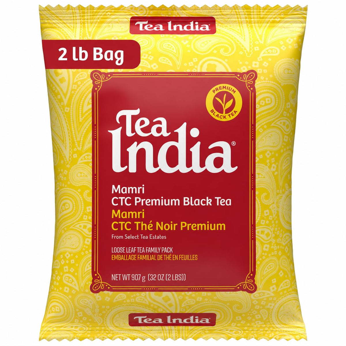Tea India envase frontal mostrando 2 lb y sello de calidad, conserva aroma