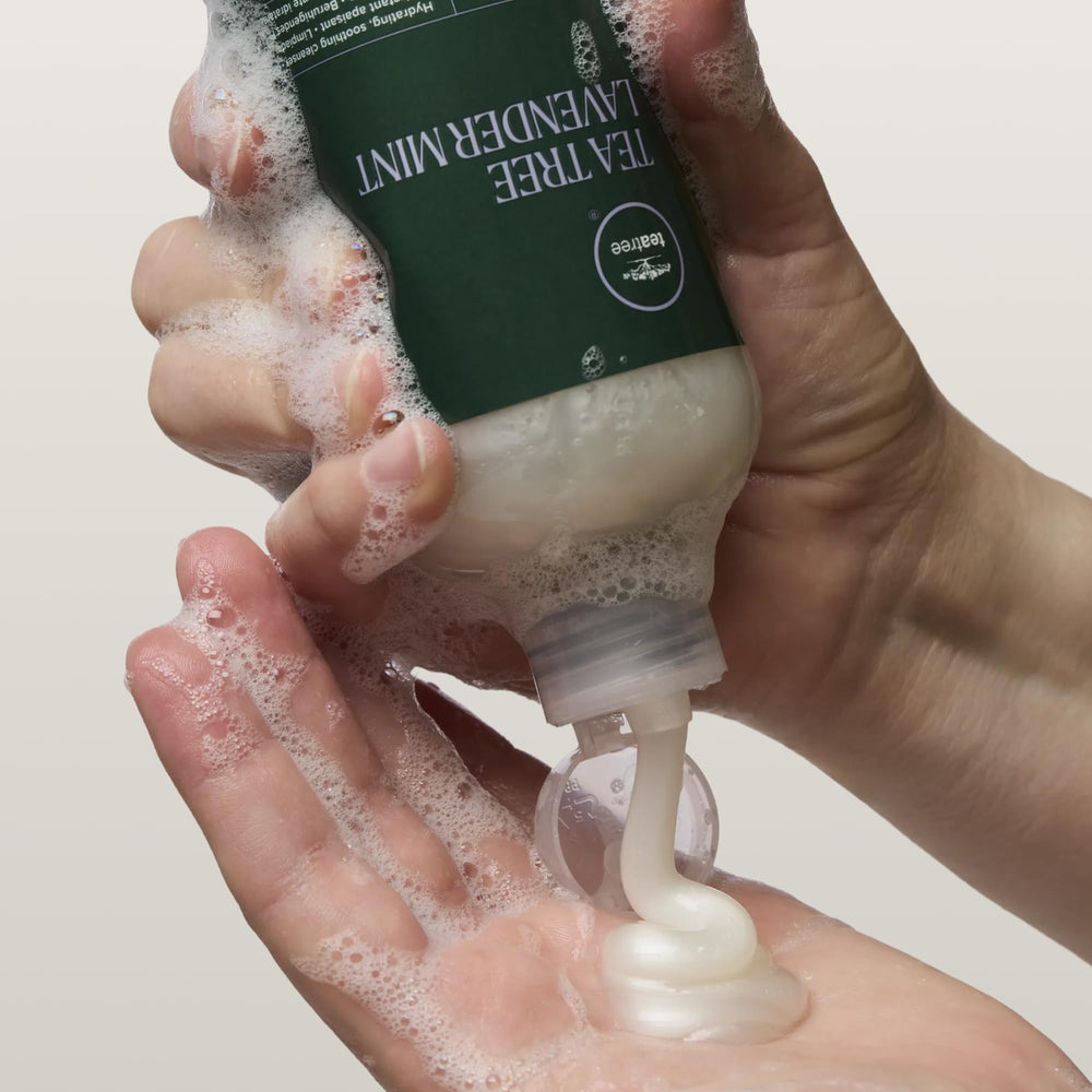 Tea Tree envase 33.8 fl oz junto a objeto para comparar tamaño práctico