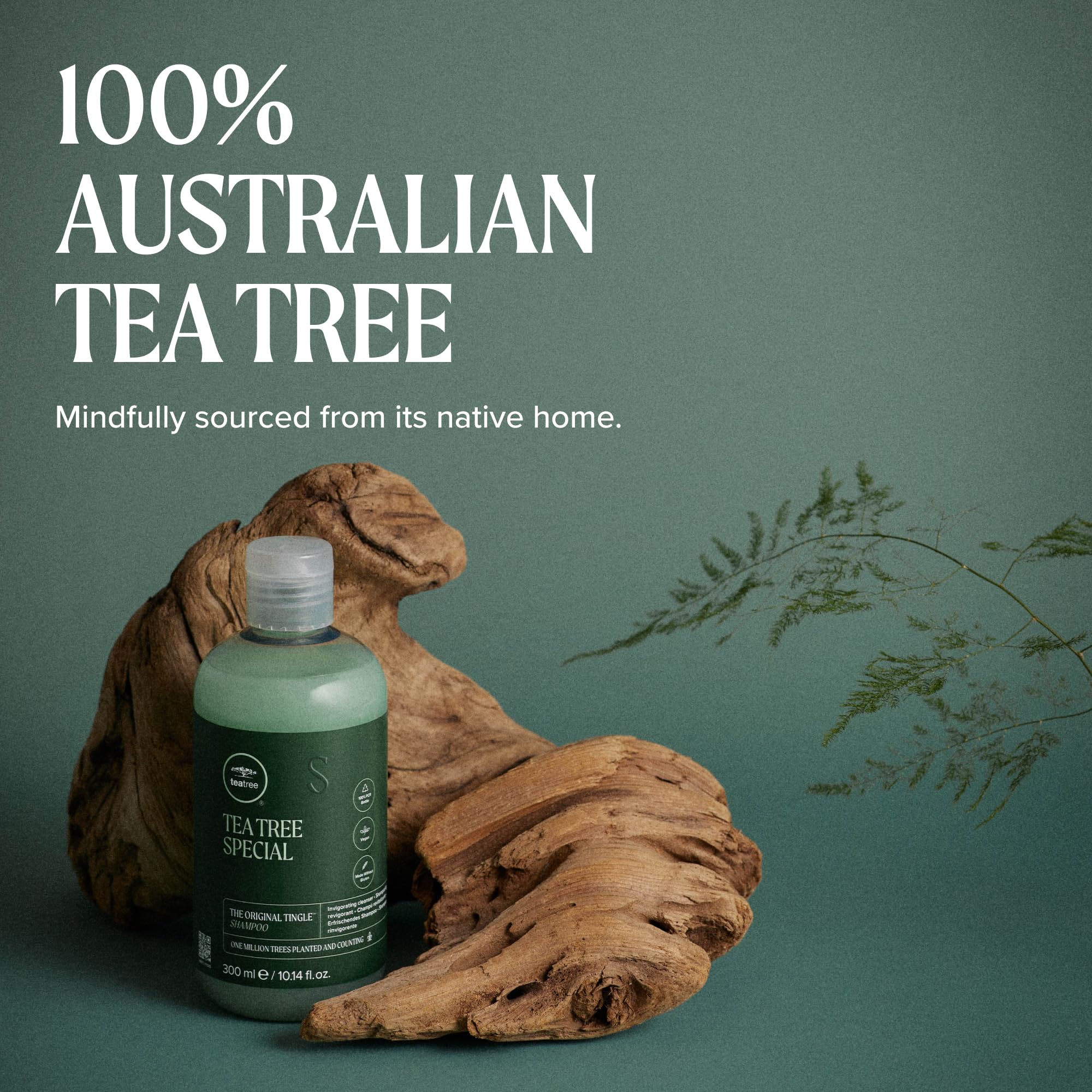 Tea Tree etiqueta con ingredientes, verificación clara de tea tree y menta
