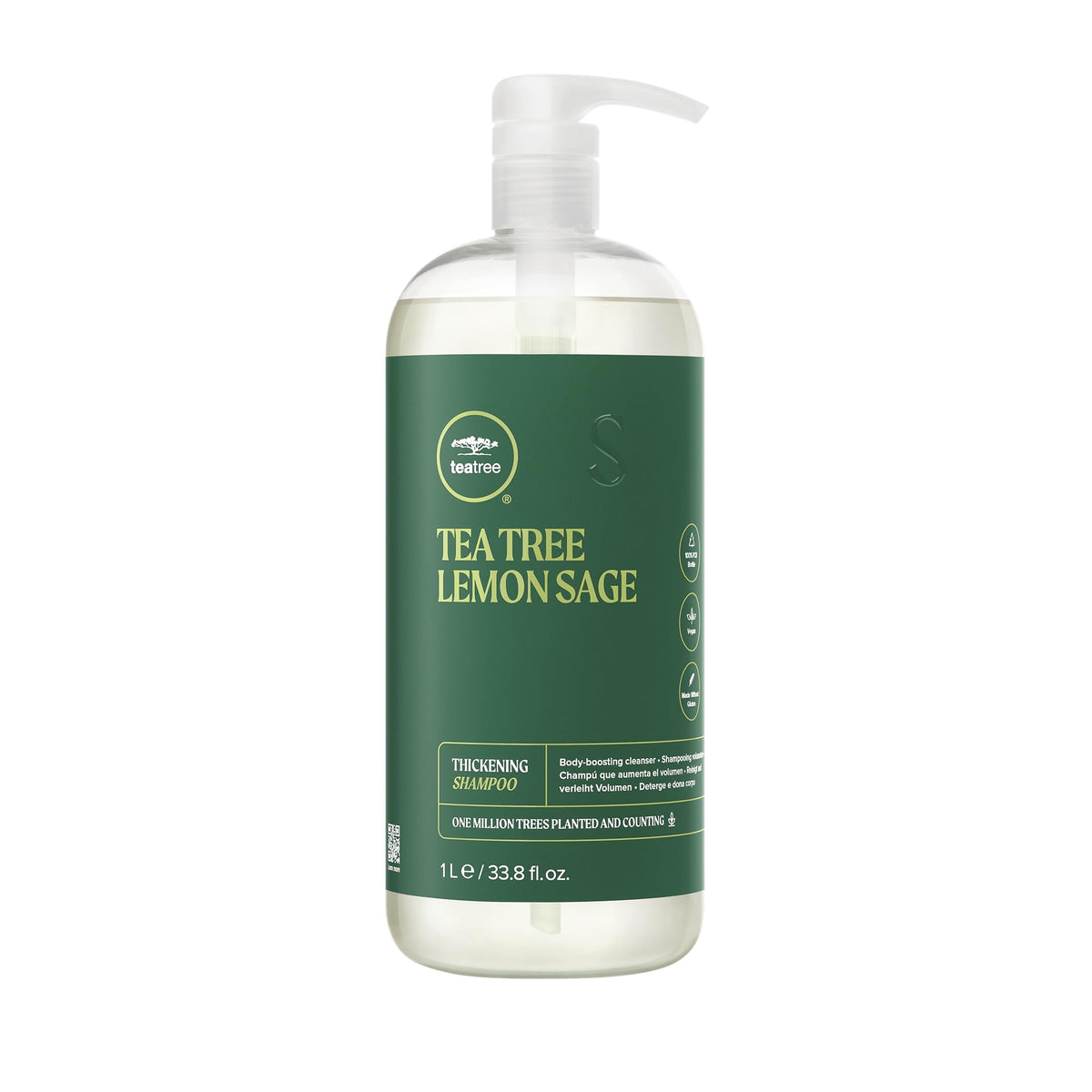 Tea Tree botella frontal 33.8 fl oz mostrando diseño y beneficio volumen