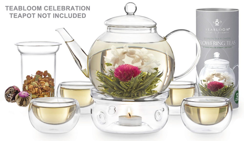 Teabloom flor abriéndose en tetera de vidrio para espectáculo visual