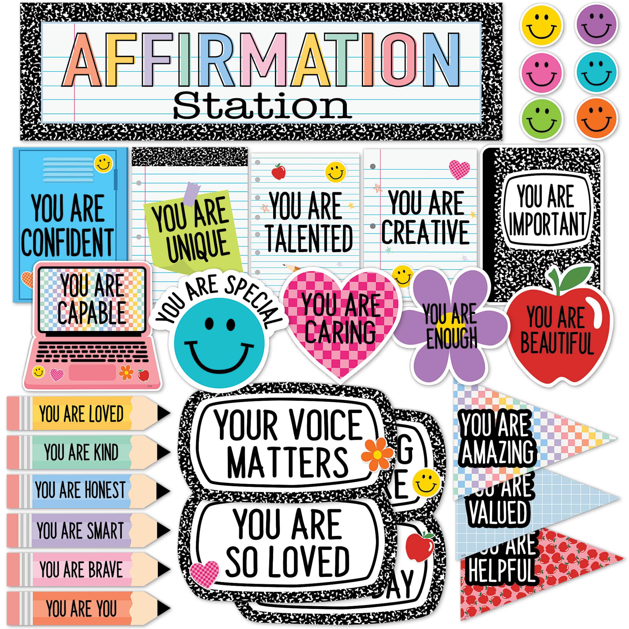 Teacher Created Resources encabezado Affimation Station visible y llamativo para motivar
